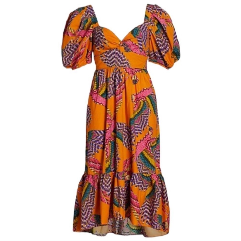 FARM Rio Orange Multi-Color Puff Sleeve Midi Dress